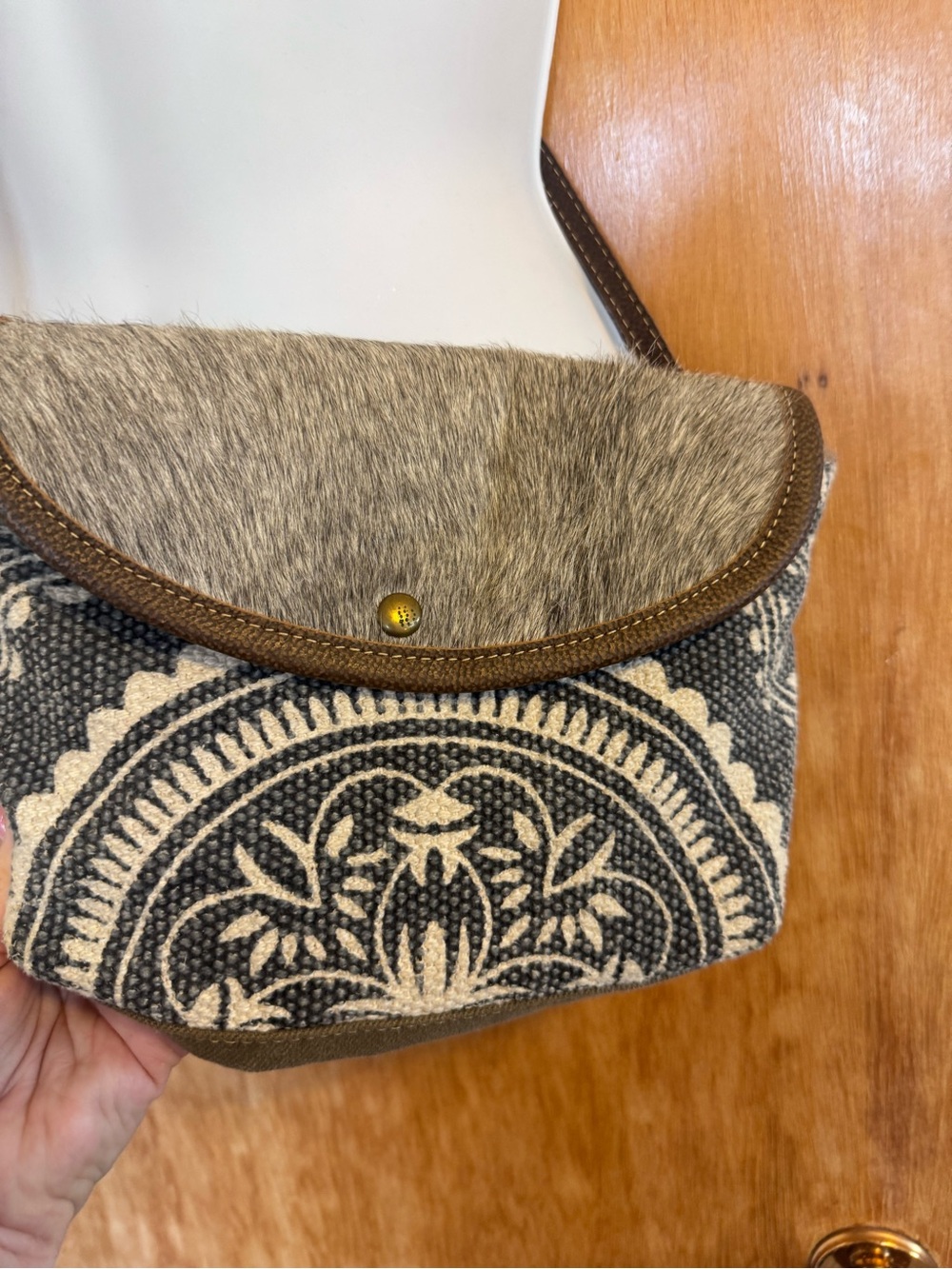Myra Bag Brown Fur Flap Crossbody with Gray & Cream Woven Motif